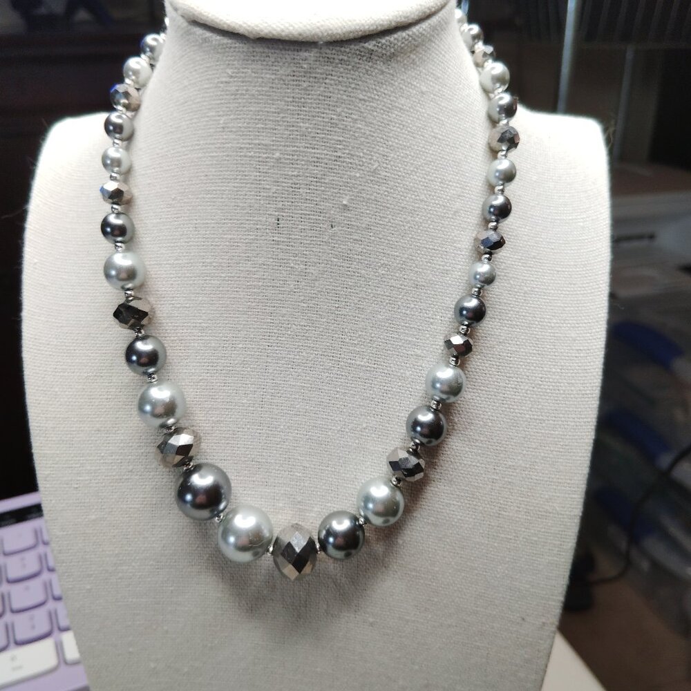 Elegant Silver & Gray Glass Faux Pearls an Bead Necklace, 16" with 3.5" Extender
